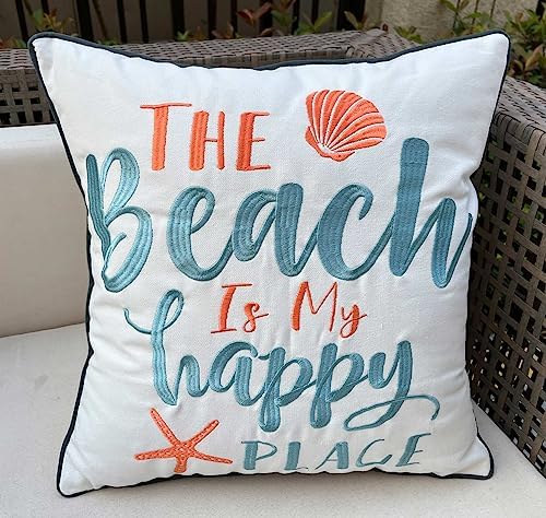 Embroidered The Beach is My Happy Place Throw Pillow Cover,Square 18 inches Decorative Canvas Pillow Cover with The Beach is My Happy Place Pattern,Cover Only