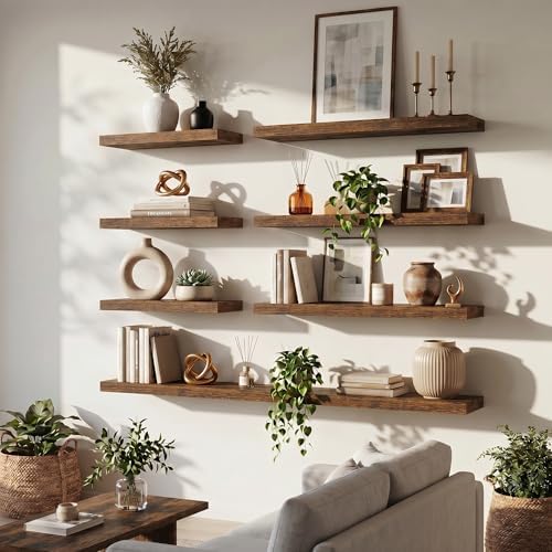 FLYJOE 22.5 Inch Floating Shelves for Wall Set of 2, 6.5" D Wood Grain Bathroom Shelves with Invisible Brackets, Easy Install Engineered Wood Storage Shelves for Kitchen, Living Room, Bedroom