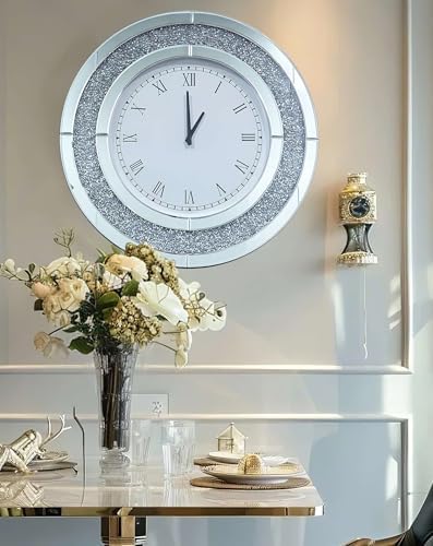 Crushed Diamond Wall Clock: Round Mirrored Clock 23.6 inch Silver