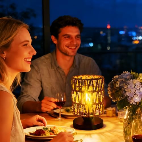 Boho Rattan Lamp for Bedroom,Wicker Wooden LED Bedside Lamp for Nightstands