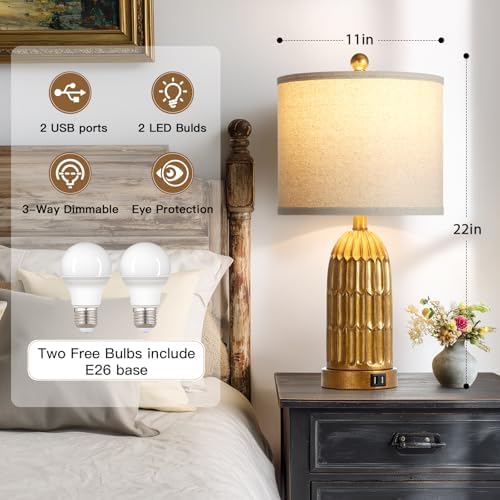 Cinkeda Table Lamps for Bedroom Set of 2, Farmhouse 3-Way Dimmable Touch Nightstand Lamp with 2 USB Charging Ports, Vintage Rustic Traditional Bedside Lamp for Living Room End Table
