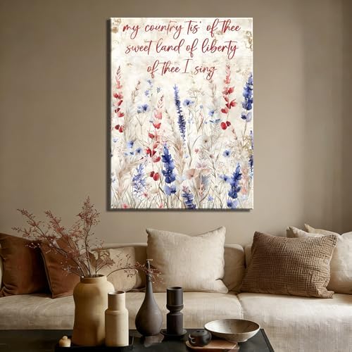 Made in USA Patriotic Framed Canvas Wall Art, My Country Tis of Thee Quote Canvas Print, Red White Blue Floral Wall Decor for 4th of July, Independence Day Home Decoration,8x12in