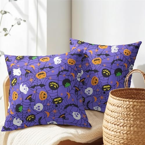 Halloween Purple Throw Pillow Covers 20x20 inch Set of 2 Humour Pumpkins Ghost Skeleton Bat Web Decorative Pillowcase Holiday Cotton Linen Pillow Cases for Home Sofa Porch Outdoor Decor