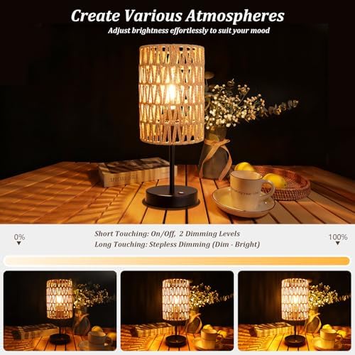 Rechargeable Outdoor Table Lamps, Rattan Boho Cordless Battery Operated Table Lamps, Patio Lamp for Living Room, Balcony, Bedside Decor- Set of 2 (Beige)