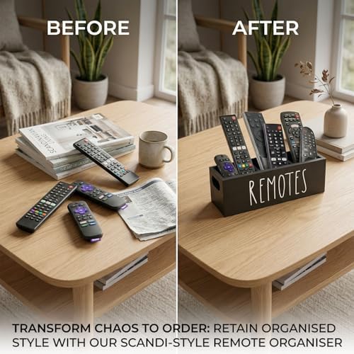 Remote Control Holder, Farmhouse Remote Storage Caddy, Bedside TV Controller Box, Rustic Wood Media Organizer Tray for Home Bedroom Table (Black)