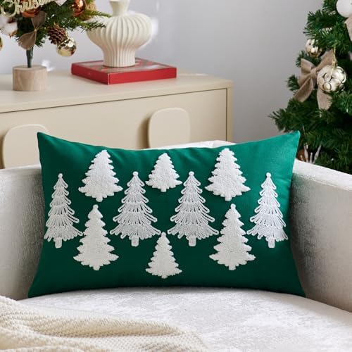 Green Christmas Pillow Covers 12x20 Inch Embroidery White Xmas Trees Decorative Lumbar Throw Pillow Cover Winter Holiday Pillow Case Cushion Cases for Sofa Couch Living Room Decorations