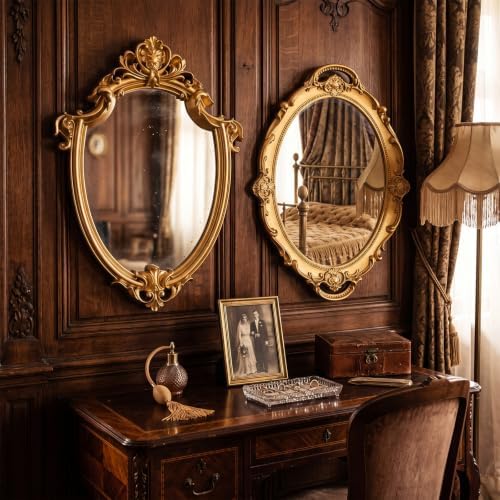 Beeveer 2 Pcs Vintage Gold Wall Mirror Set Luxury Gallery Wall Mirror Decorative Hanging Antique Decor for Living Room Entryway Wedding Bedroom Bathroom Victorian Decor (Classic,Gold)