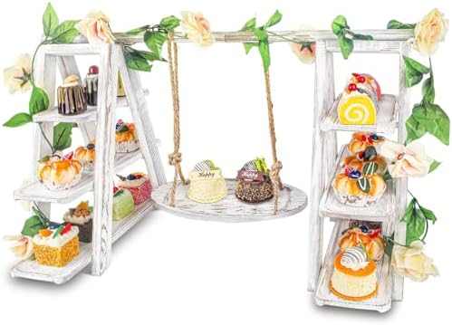 Wisreach Wooden 3 Tier Cupcake Stand with Swing and Flower Decoration Serving Removable Tray Display Serving Ladder Foldable Stand with Serving Platter Tray Party Food Display Set for Cake Snack Fruit Chips Bread Centerpieces Catering