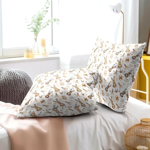 Easter Bunny Pillow Covers 2 Pack 16x16 inch Rabbit and Eggs Cotton Throw Pillow Cases Spring Happy Holiday Decorative Cushion Covers for Sofa Couch Bed