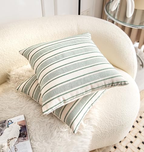 Cethom Decorative Boho Throw Pillow Covers, Farmhouse Textured Pillow Case, 20 x 20 Inch Set of 2, Chair Sofa Bedroom Living Room Home Decor Couch Cushion Case, Green and Beige Striped