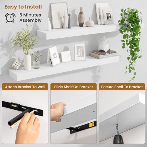 Fun Memories 40 Inch Floating Shelves, Long Wood Wall Shelf Set of 2 with Invisible Brackets, for Bathroom, Living Room, Bedroom, Kitchen, White