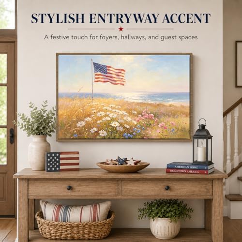 American Flag Framed Canvas Wall Art, 4th of July Floral Canvas Prints | Wildflower Landscape Poster Print, Vintage Rustic Independence Day Wall Decor for Bedroom Living Room Office 24×36in