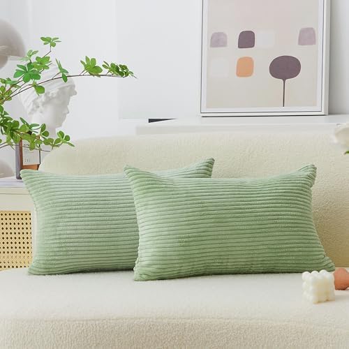 Home Brilliant Sage Green Rectangle Summer Pillow Covers 12x20 Lumbar Pillow Cover Accent Corduroy Striped Oblong Throw Pillows for Couch Decor, Set of 2, 12 x 20 inch, Sage Green
