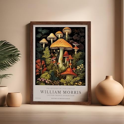 Poster Master William Morris Poster - Mushrooms Print - Flower Art - Farmhouse Illustration - Floral Illustration - Aesthetic Piece - Office or Living Room Decor - 16x20 Brown Framed