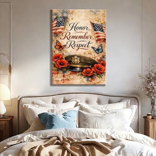 Patriotic Honor Remember Respect Canvas Wall Art, Memorial Day Military Tribute, 4th of July Decor, Framed Prints for Home,Office,Living Room, Made in USA, Ready to Hang