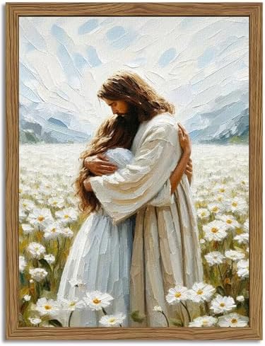 Jesus Embracing Woman Wall Art, Jesus Hugging Woman Wall Decor Framed 3D Textured Hand Drawn Sandstone Religious Christian Bible Painting Pictures for Bedroom Living Prayer Room 24x36 in Wood Framed