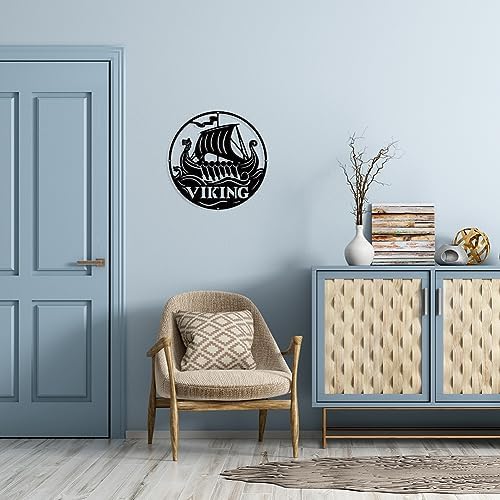 NBEADS Viking Boat Metal Wall Art Decor, Round Matte Black Wall Hanging Decor Silhouette Wall Art for Home Bedroom Living Room Bathroom Kitchen Office Hotel Wall Decoration, 11.8"(30cm)