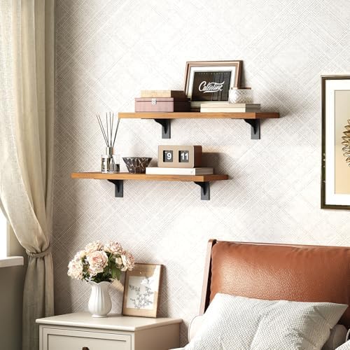 HOOBRO Floating Shelves for Wall, 15.7" Wall Mounted Shelves Set of 2, Hanging Storage Shelf with Metal Brackets, Wooden Shelf for Living Room, Bedroom, Bathroom, Rustic Brown and Black BF42BJP201G1