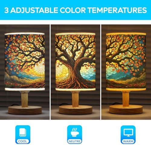 Tree of Life Table Lamp LED 3-Color Pressed Bedside, Tree of Life Shade Lamp with Wood Base for Bedroom Living Room Desk Office TL01