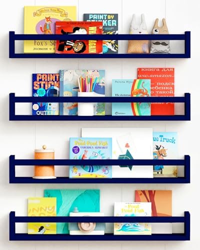 Forbena Wall Book Shelf Organizer for Kids Room Set of 4, Large Floating Book Shelves for Boy Nursery Wall Deocr, 24 Inches Wall Mount Bookshelf for Toddler Child Teen Boys Bedroom (Navy Blue)