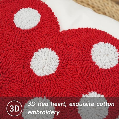 GEEORY 18x18 Inch Canvas Valentine’s Pillow Cover, 3D Cotton Embroidered Red Polka-dot Heart Romantic Valentine’s Day Decor Farmhouse Cushion Case for Living Room, Sofa & Bed