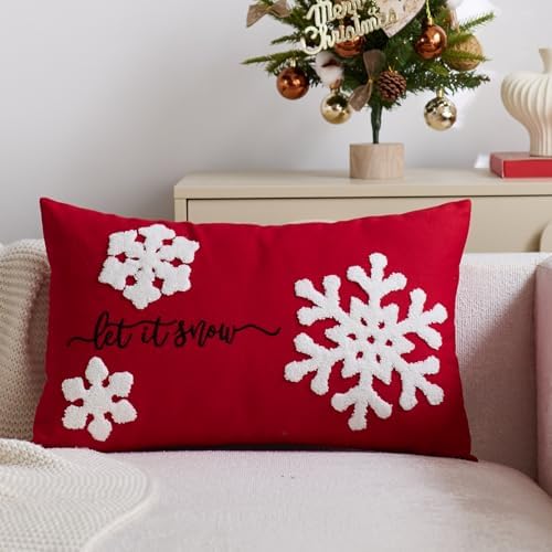 Red Christmas Pillow Covers 12x20 Inch Embroidery Snowflake Xmas Decorative Lumbar Throw Pillow Cover Winter Holiday Pillow Case Cushion Cases for Sofa Couch Living Room Decorations