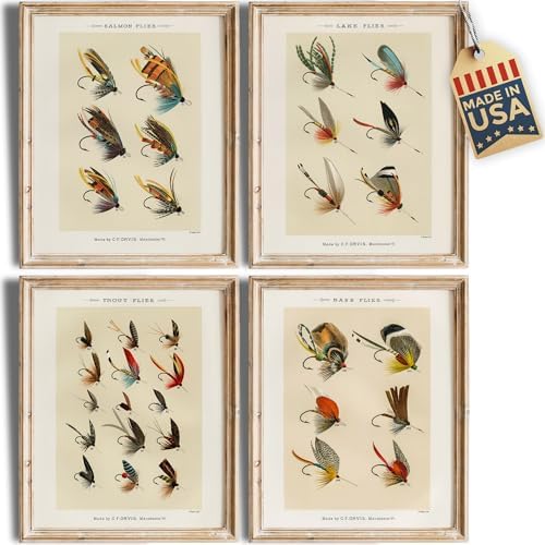 DREAM BIG PRINTABLES Vintage Fly Fishing Art Prints (Set of 4) - Unframed - 11x14 | Fishing Lure Wall Decor for Fisherman