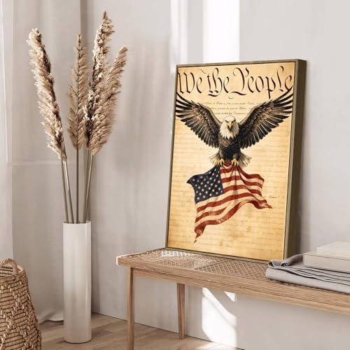 American Flag Framed Canvas Wall Art, 4th of July Patriotic Canvas Prints | USA Flag with Bald Eagle Poster Print, Vintage Independence Day Wall Decor for Bedroom Living Room 12×16in