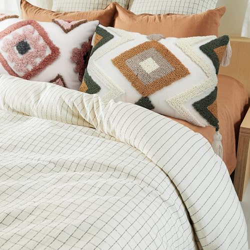 Woven Tufted Boho Throw Pillow Covers 12x20, Farmhouse Pillows Cover Cases Cushion with Tassels, Neutral Decorative Square Pillowcases for Couch Bed Sofa Living Room Bedroom Aesthetic Brown