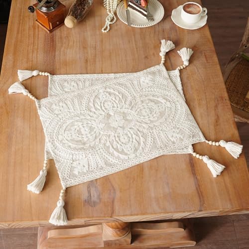Embroidered Placemats Farmhouse Lace Doily, Beige 14"x18" 2PCs