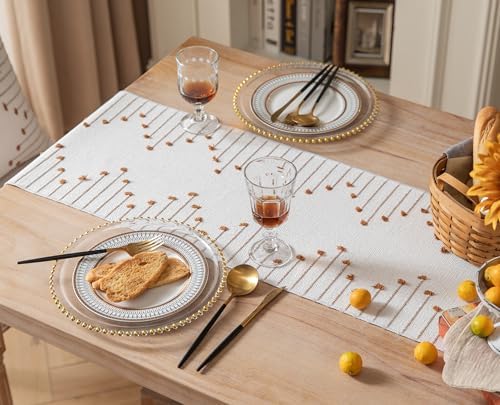 Boho Table Runner 13 x 90 Inch Long Natural Cotton Woven Runner with Tassels for Home Dining Table décor, for Modern Farmhouse Decor Coffee Table Runner, Brown and Beige