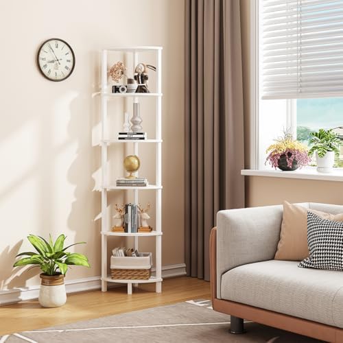 VIMBER Corner Shelf, 6-Tier Corner Bookshelf, Industrial Corner Ladder Shelf, DIY Storage Shelves, Modern Display Shelf for Living Room, Bedroom, Kitchen, Home Office, White UJSJ004W
