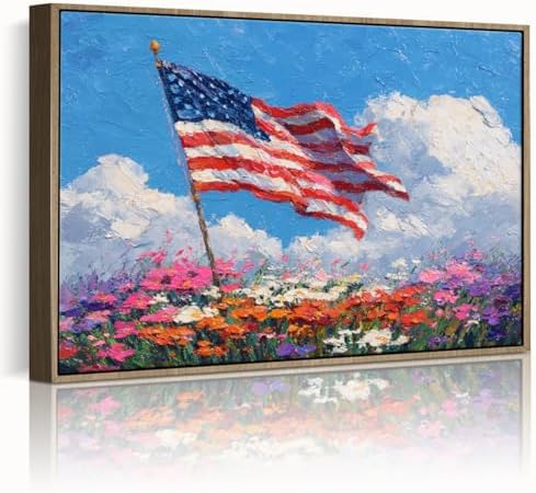 American Flag Framed Canvas Wall Art, 4th of July Patriotic Canvas Prints | Wildflower Landscape Poster Print, Vintage Rustic Independence Day Wall Decor for Bedroom Living Room Office 16×20in