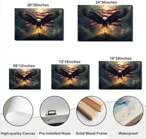 Patriotic Bald Eagle with US Flag & Cross Canvas Wall Art, Christian 4th of July Patriotic Wall Decor, Framed Inspirational Canvas Prints, Independence Day Pictures for Office, Bedroom