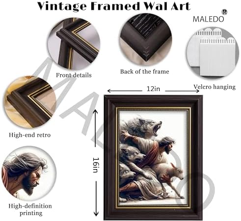 Vintage Black Gold Framed Jesus and Lamb Canvas Wall Art Jesus Saves the Lost Sheep Christian Picture Wall Decor Shepherd Protect a Lamb from Wolves Painting Poster Print Artwork for Bedroom Church