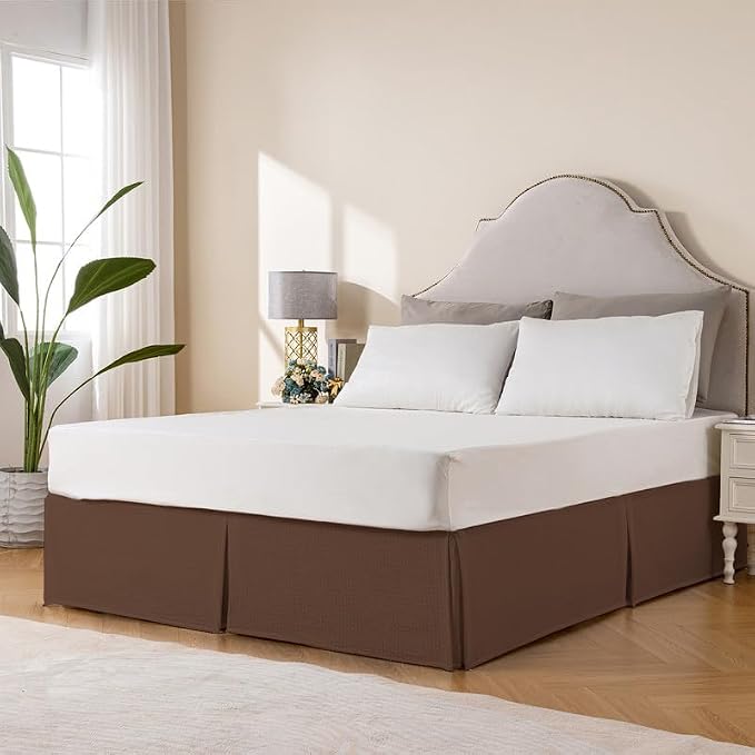 MIYE Pleated Waffle Weave Bed Skirt, Tailored Dust Ruffle 18 Inch Drop Easy Fit, Machine Washable (Brown, Twin - 18" Drop)