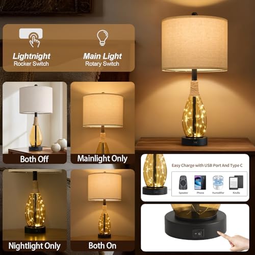 OYEARS 23" Table Lamps for Living Room Set of 2 Bedside Lamps for Night Stands Bedroom Lamps Farmhouse Rattan Boho Lamp Glass Nightlight End Table Lamp,Two Light Points
