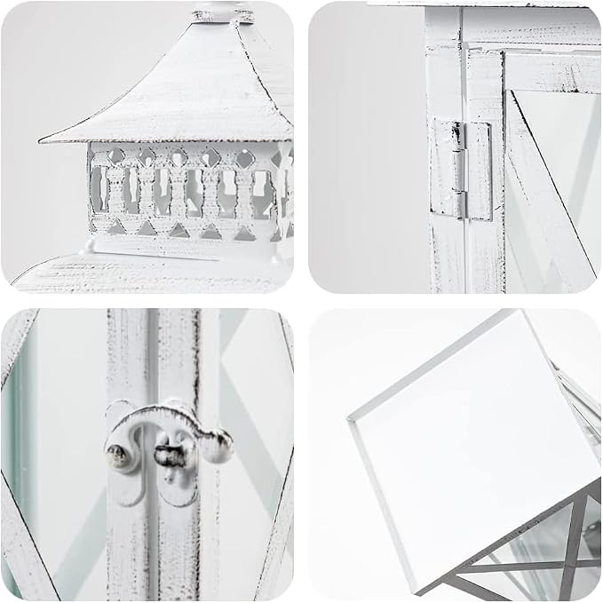Lantern Decorative Indoor & Outdoor, Large Square Hanging Spring Home Decor, Vintage Metal Decorative Candle Lanterns for Outdoor Patio Wedding Party White with Black Brush