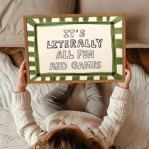 Framed It's Literally All Fun And Games Wall Art, Funny Quote Wall Decor Paintings, Sage Green Minimalist Striped Pictures Canvas Prints Preppy Home Decor for Living Room Bedroom Playroom 12x16 inch