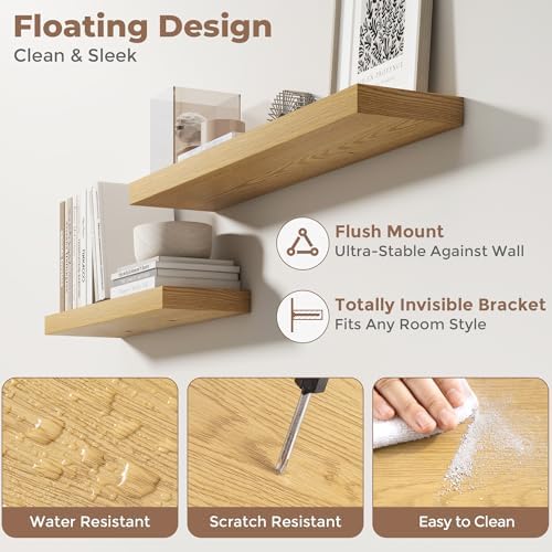 FLYJOE 32 Inch Floating Shelves for Wall Set of 2, 6.5" D Wood Grain Bathroom Shelves with Invisible Brackets, Easy Install Engineered Wood Storage Shelves for Kitchen, Living Room, Bedroom