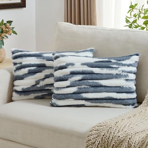FUTEI Pack of 2 Faux Fur Throw Pillow Covers 12x20 Inch, Blue White