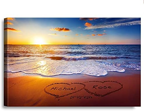 Love on Beach Heart in Heart Personalized Canvas Prints Artwork with Couple's Names and Date on,Perfect Love Gift for Anniversary,Wedding,Birthday and Holidays.24X36 inches