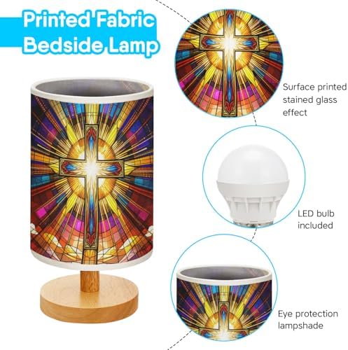Cross Table Lamp LED 3-Color Pressed Bedside, Cross Shade Lamp with Wood Base for Bedroom Living Room Desk Office TL01