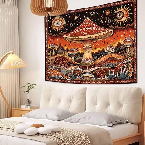 Neasow Hippie Mushroom Tapestry, Mystic Sun Moon Eye Wall Hanging, Aesthetic Boho Nature Orange Decor for Bedroom Dorm Living Room, 44x60 inches