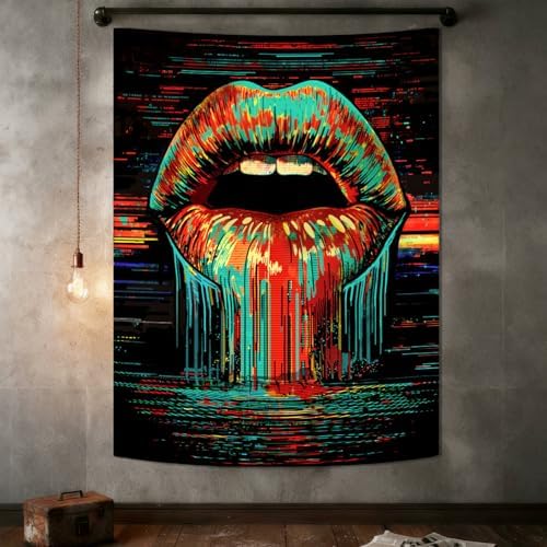 Neasow Hippie Vintage Lips Tapestry, Aesthetic Grunge Decor, Abstract Unique Wall Hanging for Bedroom Dorm Living Room, 60x80 inches