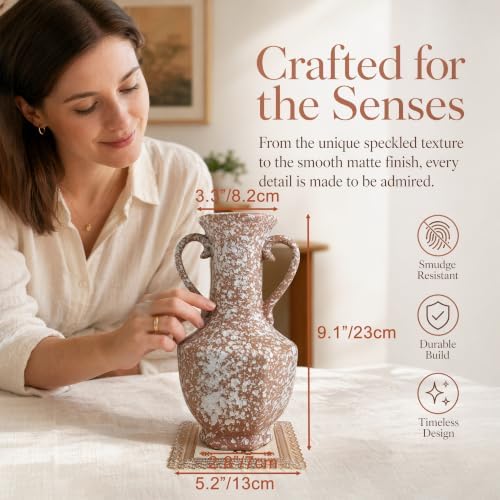 AOZITA Ceramic Flower Vase,9.3" Tall Rustic Farmhouse Vase with Double Handles, Vintage Home Decor for Living Room, Kitchen, Bedroom & Office, Terracotta