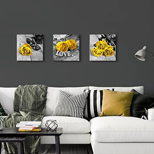 Yellow Wall Decor for Bedroom Roses Flower Pictures Yellow Bathroom Decor | Black and White Flower Canvas Prints Rustic Farmhouse Floral Paintings Modern Romantic Artwork Living Room Decor 12x12" 3 Pcs