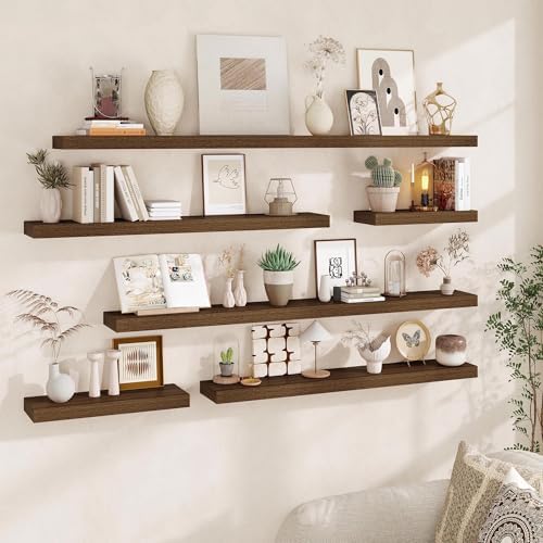Fun Memories Floating Shelves for Wall, 24 Inch Floating Shelves Set of 2, Hanging Shelf with Invisible Brackets, Wood Shelves for Living Room, Bedroom, Kitchen, Walnut