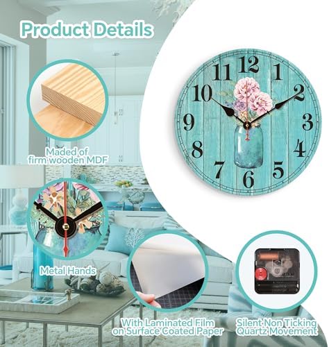 TAHEAT 12 Inch Teal Flowers Wall Clock, Wood Vintage Floral Clocks, Decorative Battery Operated Wall Clocks for Kitchen Living Room Bedroom Bathroom Office
