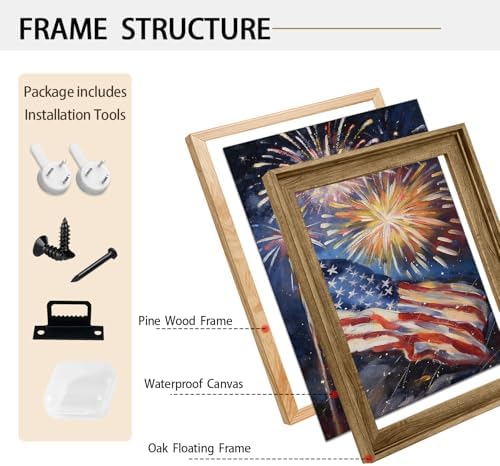 American Flag Framed Canvas Wall Art, 4th of July Patriotic Canvas Prints | USA Flag with Fireworks Poster Print, Modern Independence Day Wall Decor for Bedroom Living Room 11×14in